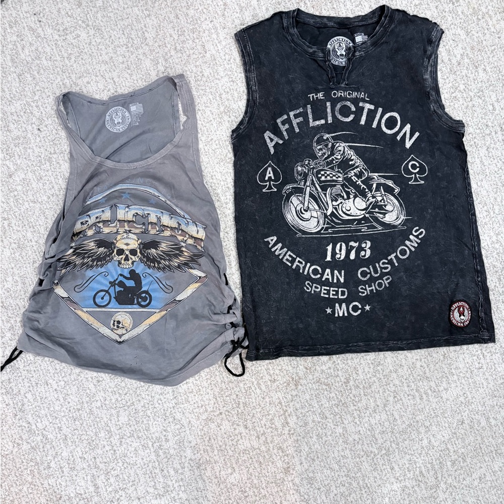 Affliction Graphic Tank Top Bundle | Gray & Black Biker Tanks